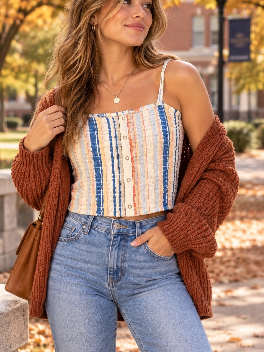 Roxy Multi-Stripe Button-Front Cropped Tank Top - Blue, Cream, Rust